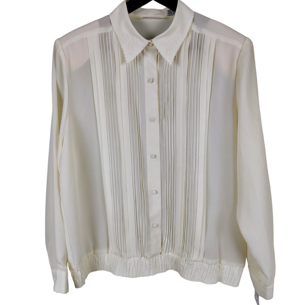 NWT Alfred Dunner Womens SZ 14 Pintuck Blouse Ivory Embroidered Cottagecore